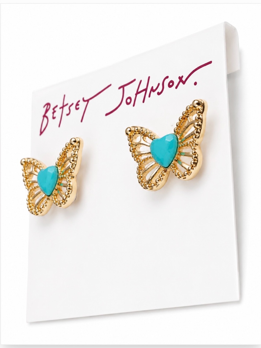 Betsey Johnson Butterfly Heart Stud Earrings w/Turquoise Stones - Picture 2 of 2